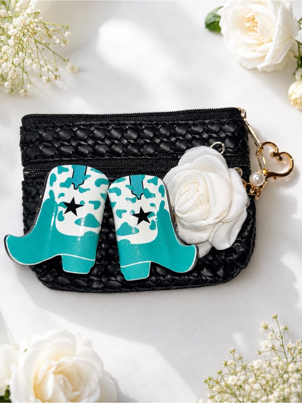 Turquoise White Cowboy Boot Earrings - Statement Western Style